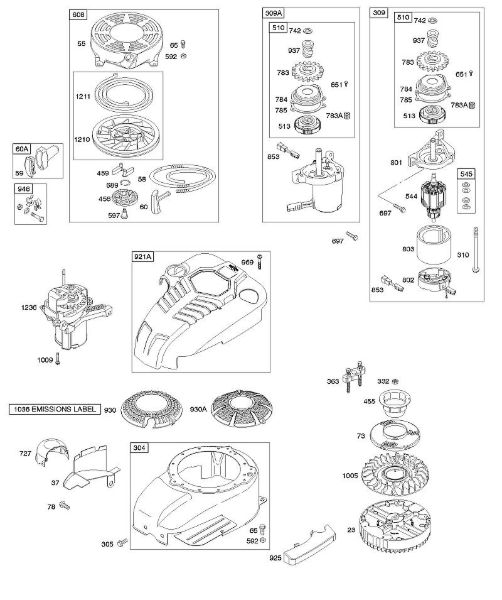 B&S - serijska številka  od 12  121602-0379-E1 B - Ohišje/okovi ventilatorja, elektricni zaganjalnik, vztrajnik, povratni zaganjalnik della Marca Stihl