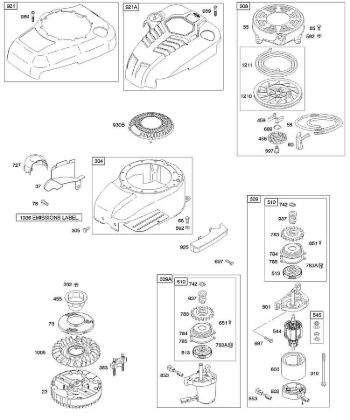 B&S - serijska številka  od 12  122672-0134-E1 B - Ohišje/okovi ventilatorja, elektricni zaganjalnik, vztrajnik, povratni zaganjalnik della Marca Stihl