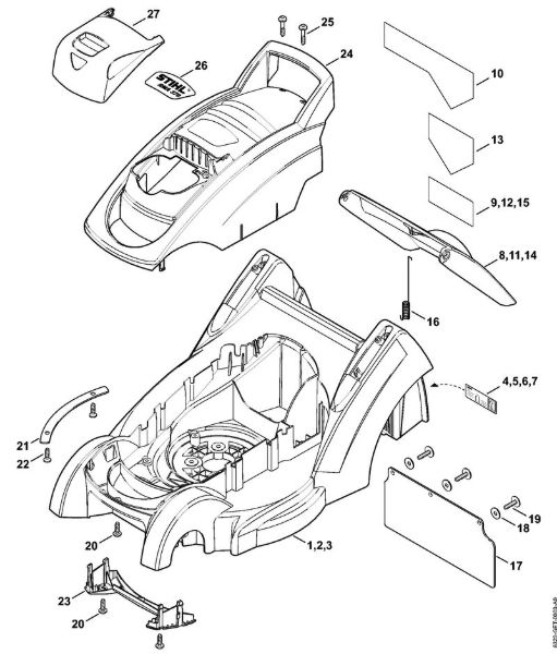Akumulatorske kosilnice (RMA) RMA 370 Ohišje, pokrov motorja della Marca Stihl