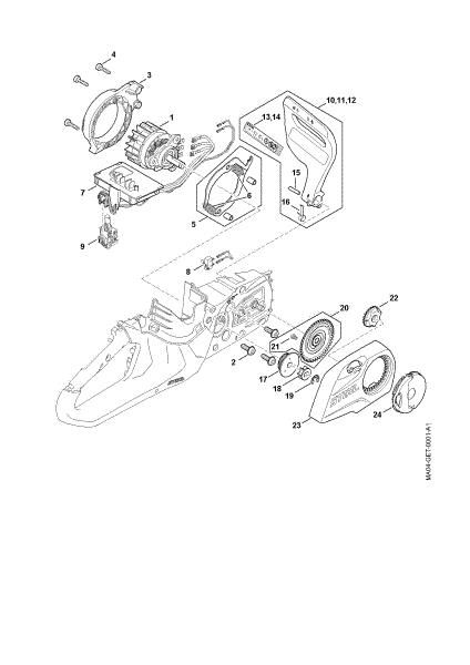Slika Elektromotor, elektronski modul, pokrov verižnika MSA 70.0 C-B