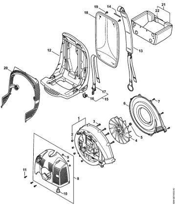Pihalniki (BG, BR) BR 430 Ohišje puhalnika, pokrov, hrbtna plošca della Marca Stihl