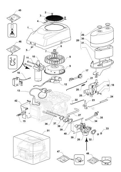 Starter, carburettor and air filter OM 84/14,5 K H Cat. 2021 Garden tractor