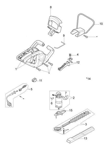 Complete illustrated parts list HTE 450 Electric hedgetrimmer